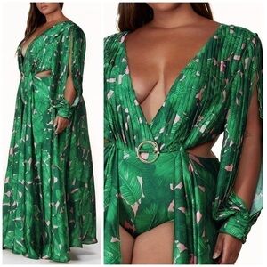 L’Atiste Green Pink Tropical Floral Plunge V-Neck Bodysuit Maxi Dress 1X